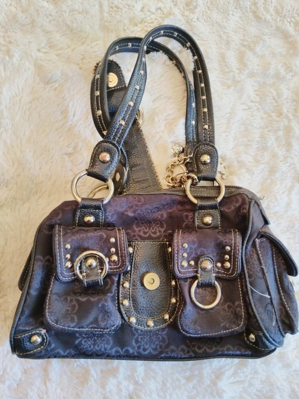 Vintage Kathy Van Zeeland Y2K Shoulder Bag - Black Monogram Satchel Purse